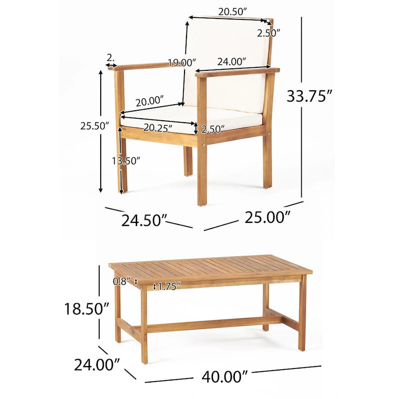 3pc Set with 2 Outdoor Club Chairs and Coffee Table in Acacia Wood