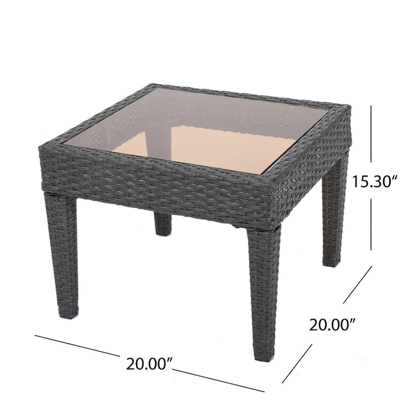 Annie Outdoor Square Accent Table, Tempered Glass, 20 Inch Gray Wicker