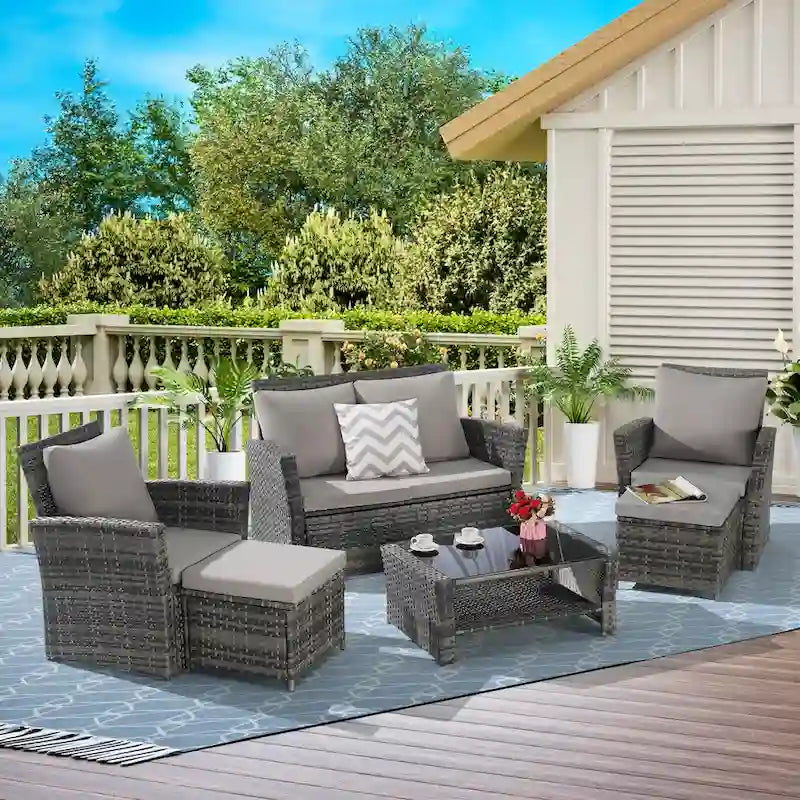6 Pcs Patio Furniture Set, Outdoor Wicker Sectional Sofa Set, 2 Armchairs, 2 Ottomans and Tempered Glass Top Coffee Table