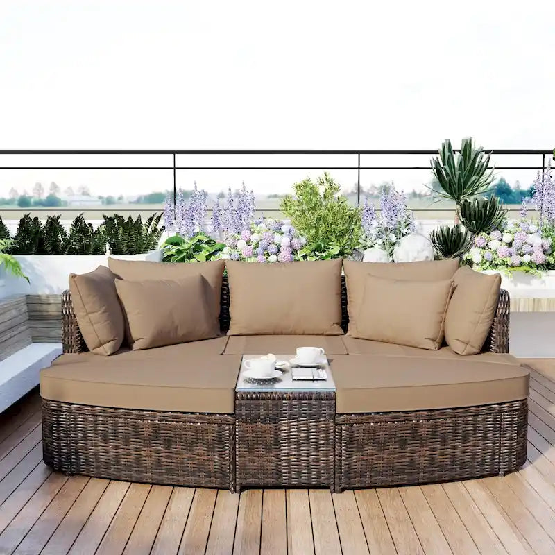 6 Piece Outdoor Round Sofa Set, All Weather Patio Conversation Set, PE Wicker Rattan Sectional Sofa Set with Coffee Table