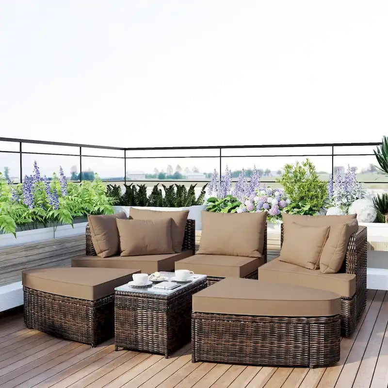 6 Piece Outdoor Round Sofa Set, All Weather Patio Conversation Set, PE Wicker Rattan Sectional Sofa Set with Coffee Table