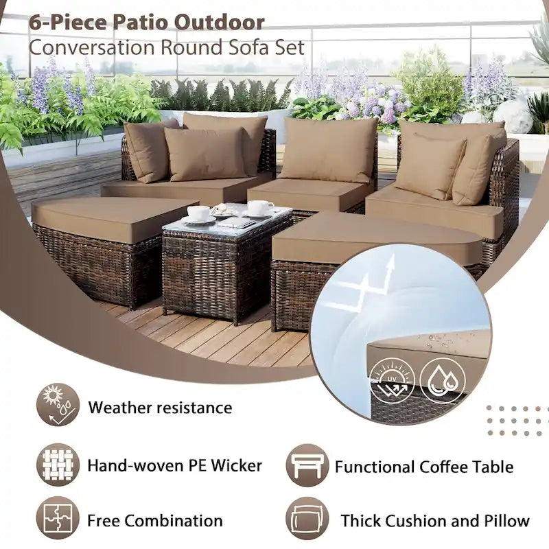 6 Piece Outdoor Round Sofa Set, All Weather Patio Conversation Set, PE Wicker Rattan Sectional Sofa Set with Coffee Table