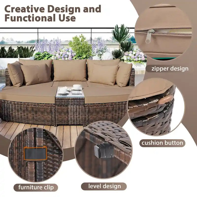6 Piece Outdoor Round Sofa Set, All Weather Patio Conversation Set, PE Wicker Rattan Sectional Sofa Set with Coffee Table