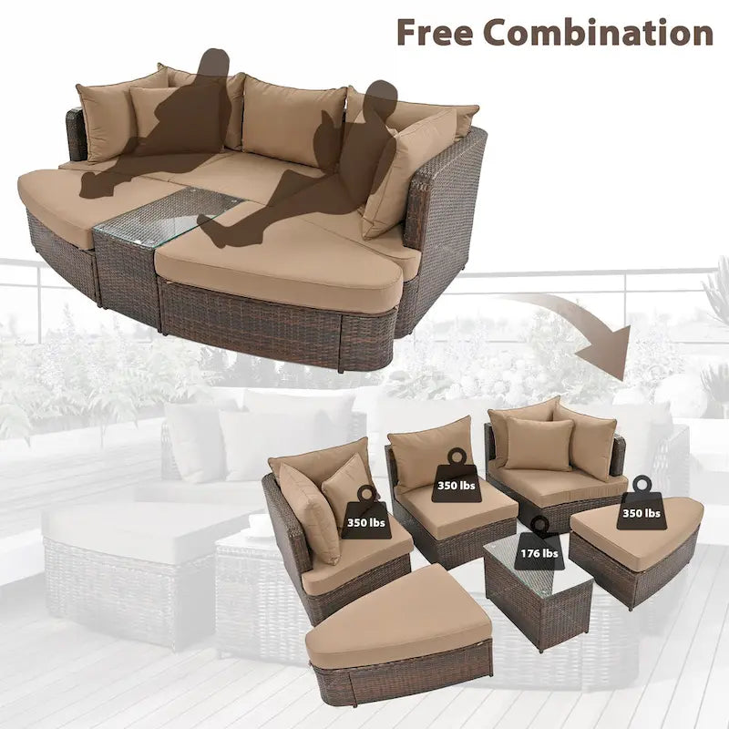 6 Piece Outdoor Round Sofa Set, All Weather Patio Conversation Set, PE Wicker Rattan Sectional Sofa Set with Coffee Table