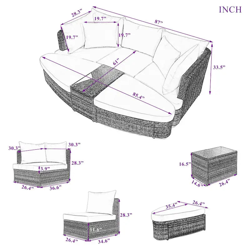 6 Piece Outdoor Round Sofa Set, All Weather Patio Conversation Set, PE Wicker Rattan Sectional Sofa Set with Coffee Table