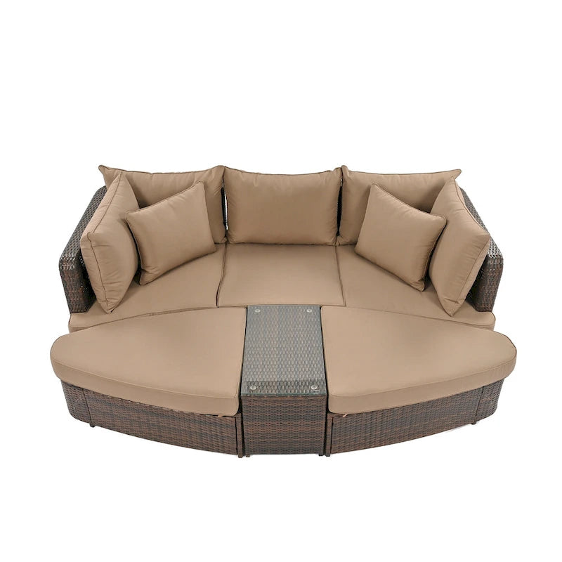 6 Piece Outdoor Round Sofa Set, All Weather Patio Conversation Set, PE Wicker Rattan Sectional Sofa Set with Coffee Table