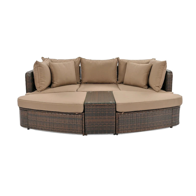 6 Piece Outdoor Round Sofa Set, All Weather Patio Conversation Set, PE Wicker Rattan Sectional Sofa Set with Coffee Table