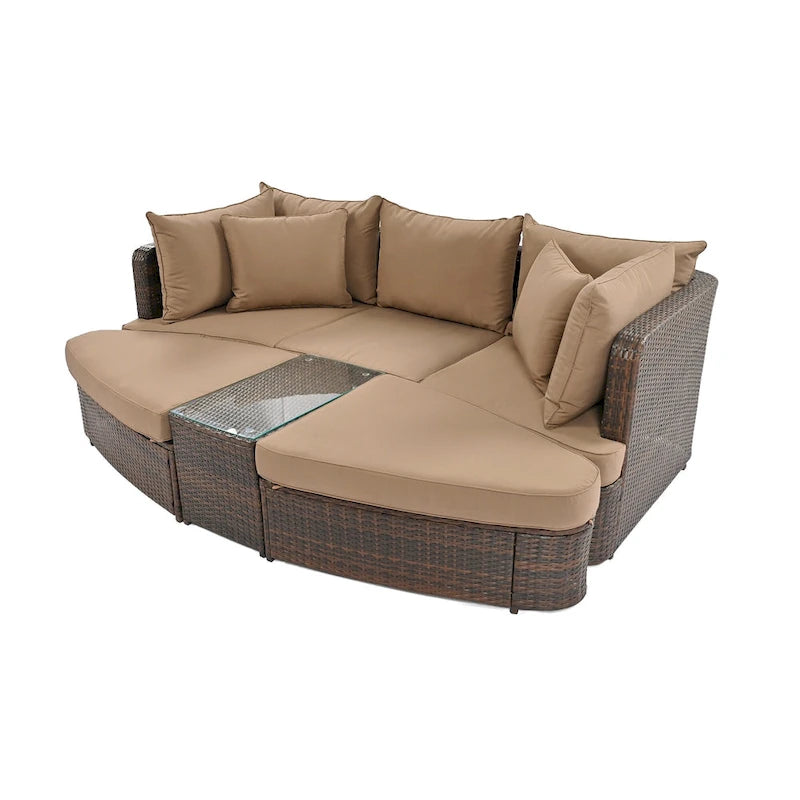 6 Piece Outdoor Round Sofa Set, All Weather Patio Conversation Set, PE Wicker Rattan Sectional Sofa Set with Coffee Table