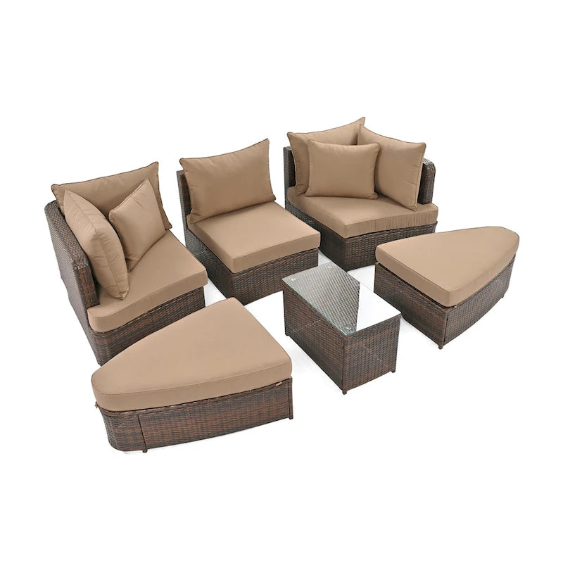 6 Piece Outdoor Round Sofa Set, All Weather Patio Conversation Set, PE Wicker Rattan Sectional Sofa Set with Coffee Table