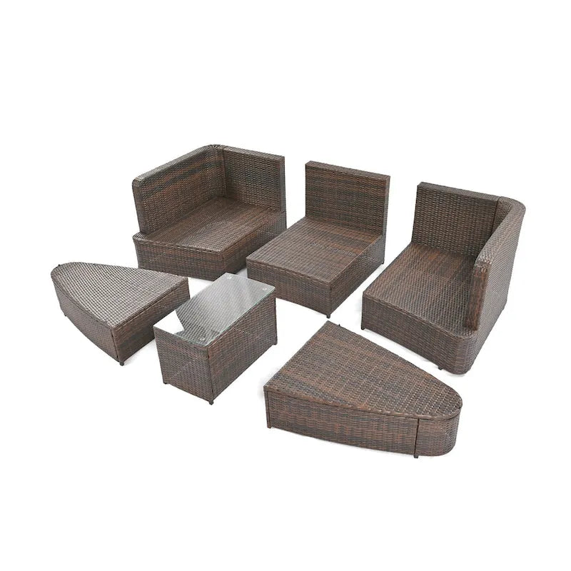 6 Piece Outdoor Round Sofa Set, All Weather Patio Conversation Set, PE Wicker Rattan Sectional Sofa Set with Coffee Table