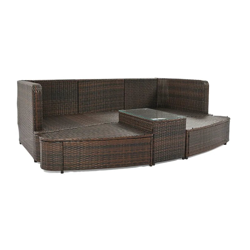 6 Piece Outdoor Round Sofa Set, All Weather Patio Conversation Set, PE Wicker Rattan Sectional Sofa Set with Coffee Table