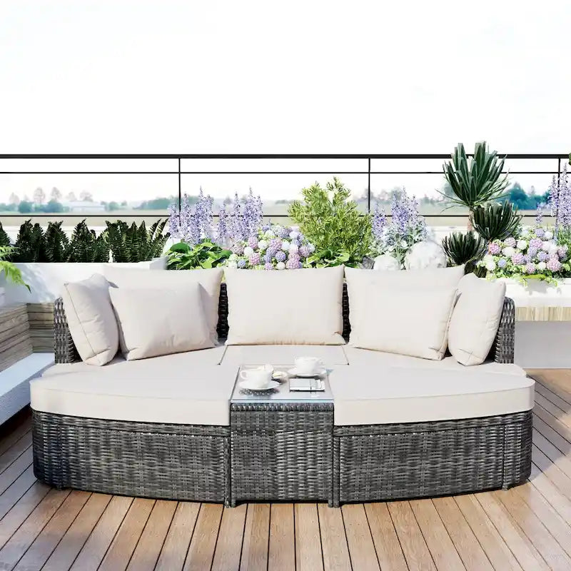 6 Piece Outdoor Round Sofa Set, All Weather Patio Conversation Set, PE Wicker Rattan Sectional Sofa Set with Coffee Table