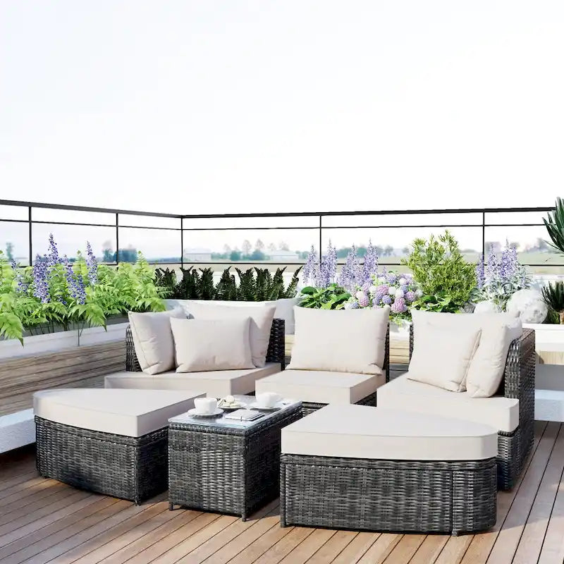 6 Piece Outdoor Round Sofa Set, All Weather Patio Conversation Set, PE Wicker Rattan Sectional Sofa Set with Coffee Table