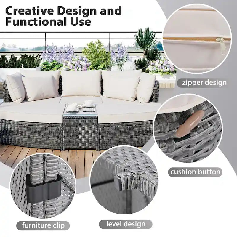 6 Piece Outdoor Round Sofa Set, All Weather Patio Conversation Set, PE Wicker Rattan Sectional Sofa Set with Coffee Table