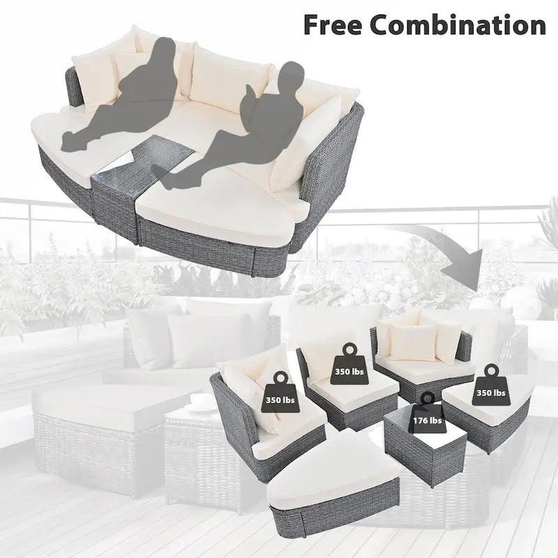 6 Piece Outdoor Round Sofa Set, All Weather Patio Conversation Set, PE Wicker Rattan Sectional Sofa Set with Coffee Table