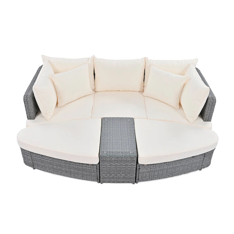 6 Piece Outdoor Round Sofa Set, All Weather Patio Conversation Set, PE Wicker Rattan Sectional Sofa Set with Coffee Table