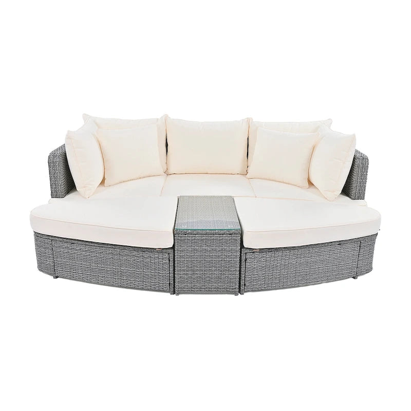 6 Piece Outdoor Round Sofa Set, All Weather Patio Conversation Set, PE Wicker Rattan Sectional Sofa Set with Coffee Table