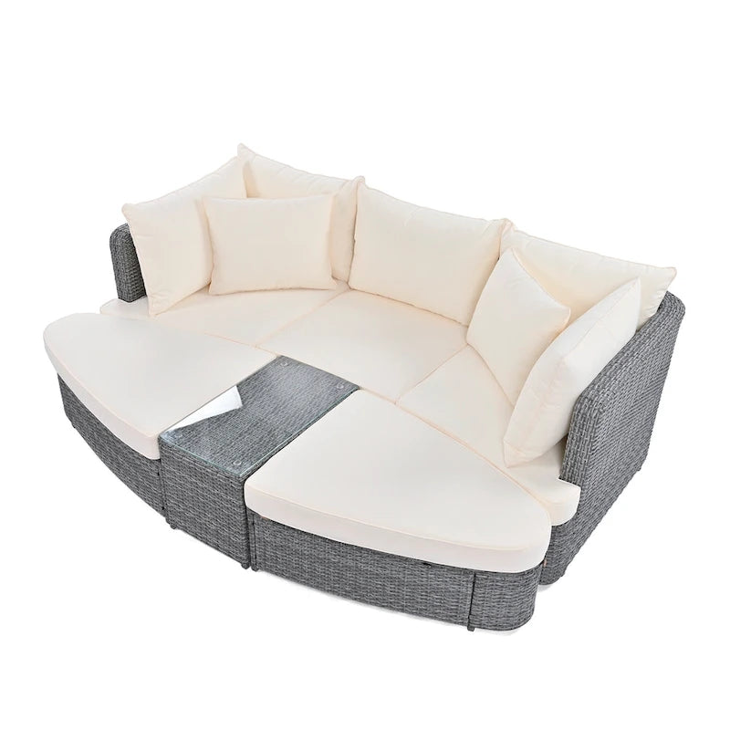 6 Piece Outdoor Round Sofa Set, All Weather Patio Conversation Set, PE Wicker Rattan Sectional Sofa Set with Coffee Table