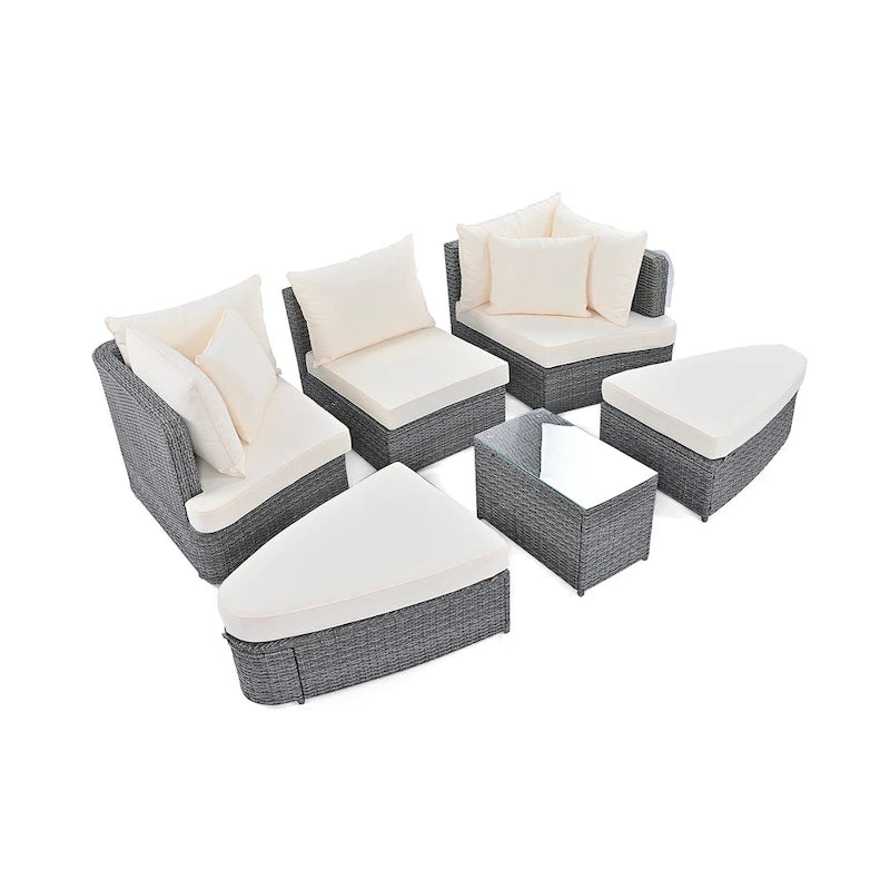 6 Piece Outdoor Round Sofa Set, All Weather Patio Conversation Set, PE Wicker Rattan Sectional Sofa Set with Coffee Table