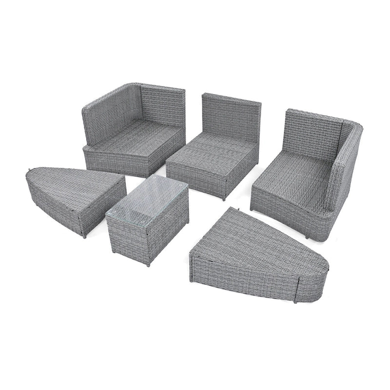 6 Piece Outdoor Round Sofa Set, All Weather Patio Conversation Set, PE Wicker Rattan Sectional Sofa Set with Coffee Table