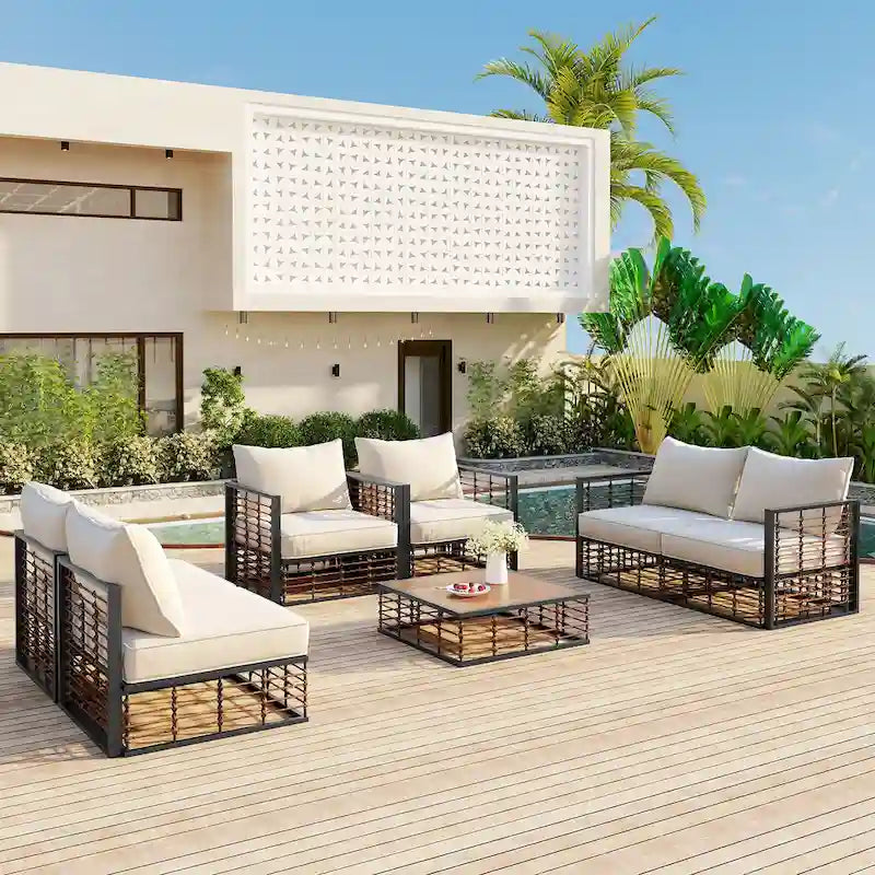 7 Pcs Patio Conversation Set, All-Weather Garden Conversation Furniture Set with Thick Cushions and Coffee Table