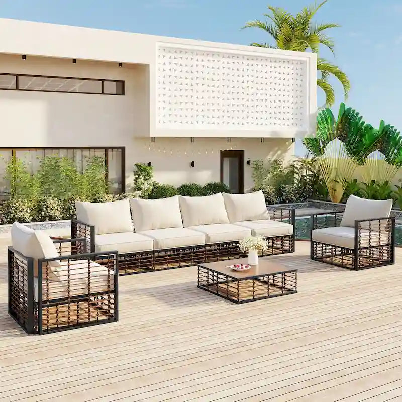 7 Pcs Patio Conversation Set, All-Weather Garden Conversation Furniture Set with Thick Cushions and Coffee Table