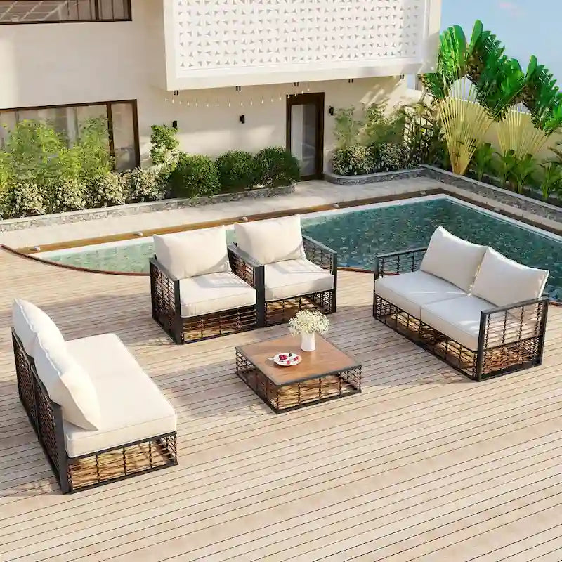 7 Pcs Patio Conversation Set, All-Weather Garden Conversation Furniture Set with Thick Cushions and Coffee Table