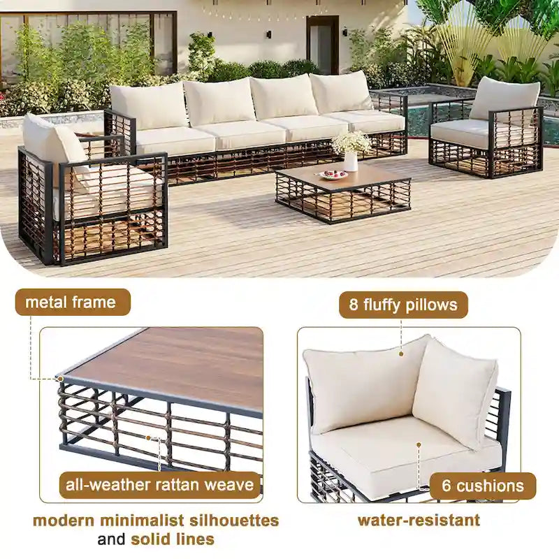 7 Pcs Patio Conversation Set, All-Weather Garden Conversation Furniture Set with Thick Cushions and Coffee Table