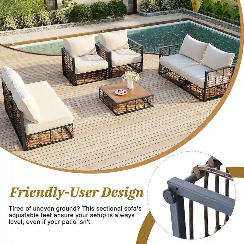 7 Pcs Patio Conversation Set, All-Weather Garden Conversation Furniture Set with Thick Cushions and Coffee Table