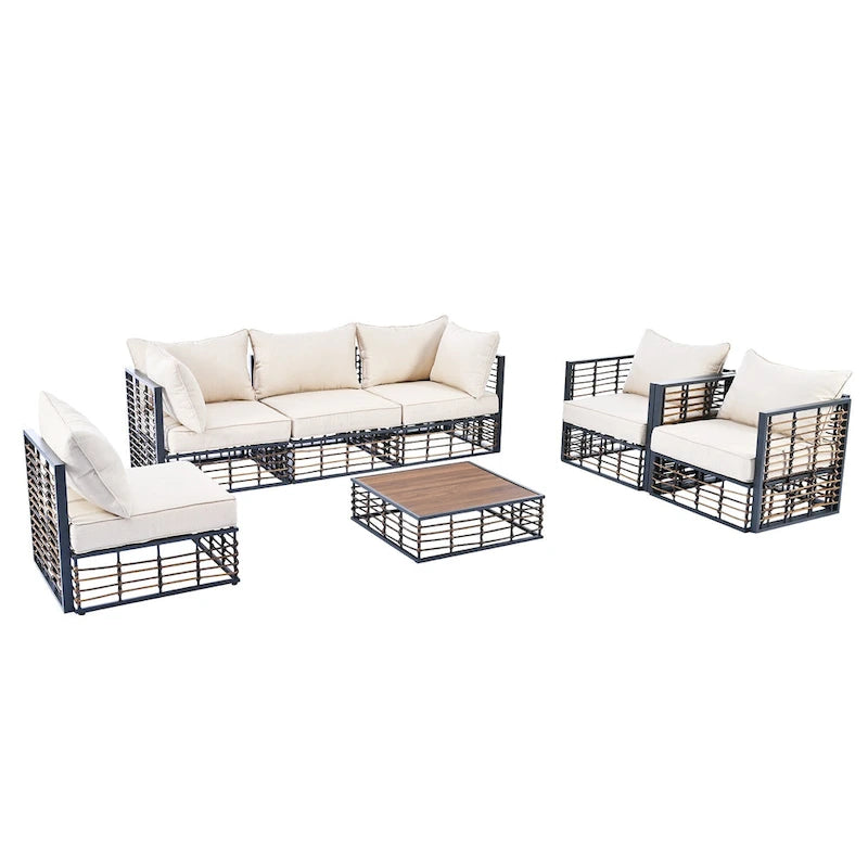 7 Pcs Patio Conversation Set, All-Weather Garden Conversation Furniture Set with Thick Cushions and Coffee Table
