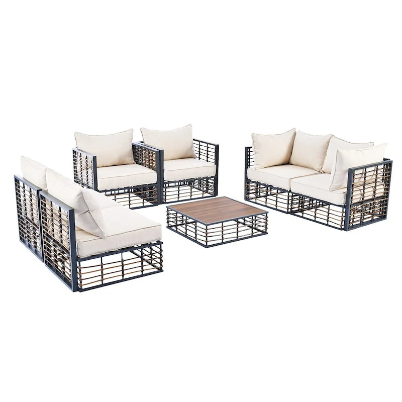 7 Pcs Patio Conversation Set, All-Weather Garden Conversation Furniture Set with Thick Cushions and Coffee Table