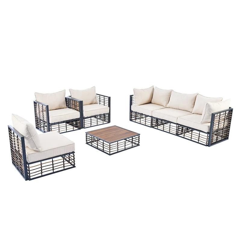 7 Pcs Patio Conversation Set, All-Weather Garden Conversation Furniture Set with Thick Cushions and Coffee Table