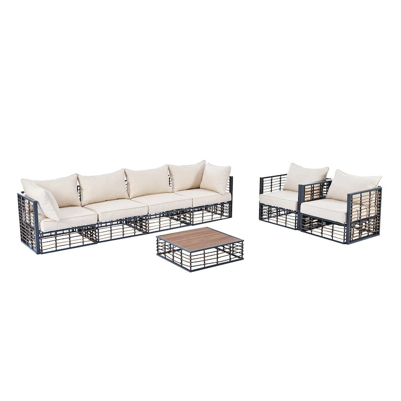 7 Pcs Patio Conversation Set, All-Weather Garden Conversation Furniture Set with Thick Cushions and Coffee Table