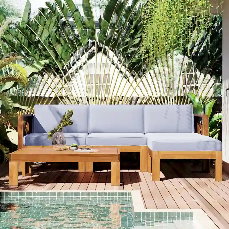 5 Piece Outdoor Patio Furniture Set, All Weather Outdoor Conversation Set, Wooden Sectional Sofa Set with Coffee Table