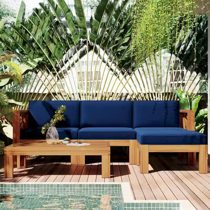 5 Piece Outdoor Patio Furniture Set, All Weather Outdoor Conversation Set, Wooden Sectional Sofa Set with Coffee Table