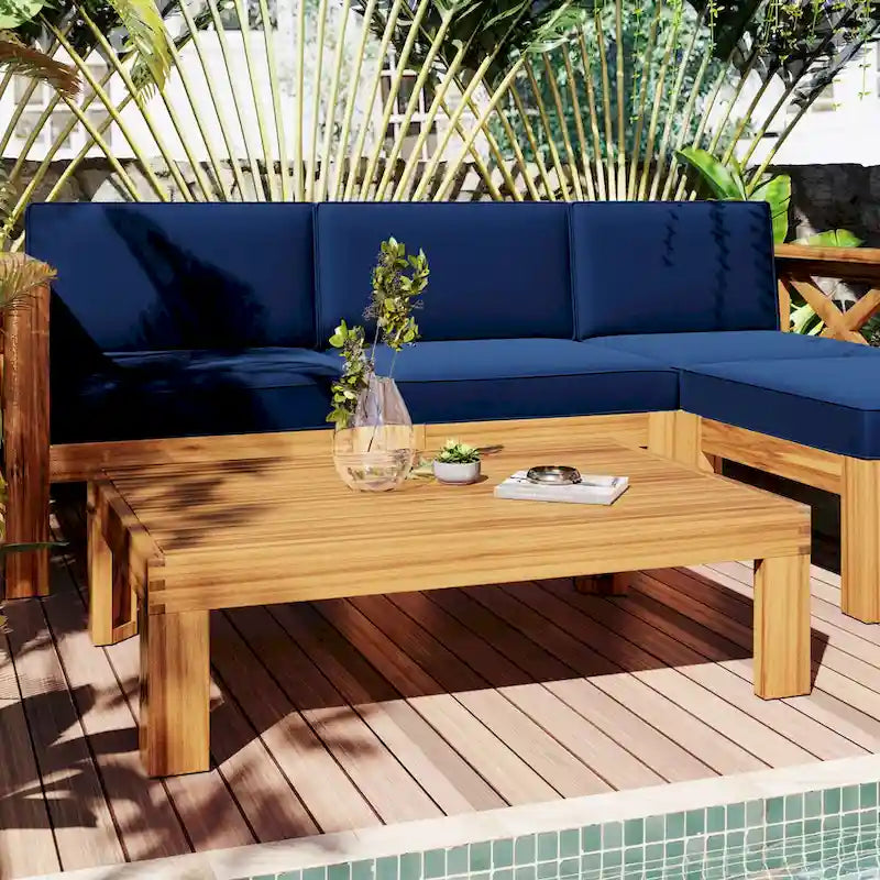 5 Piece Outdoor Patio Furniture Set, All Weather Outdoor Conversation Set, Wooden Sectional Sofa Set with Coffee Table