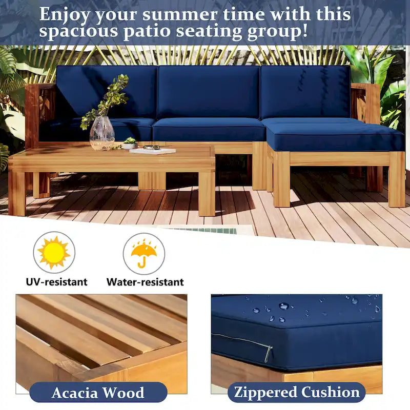 5 Piece Outdoor Patio Furniture Set, All Weather Outdoor Conversation Set, Wooden Sectional Sofa Set with Coffee Table