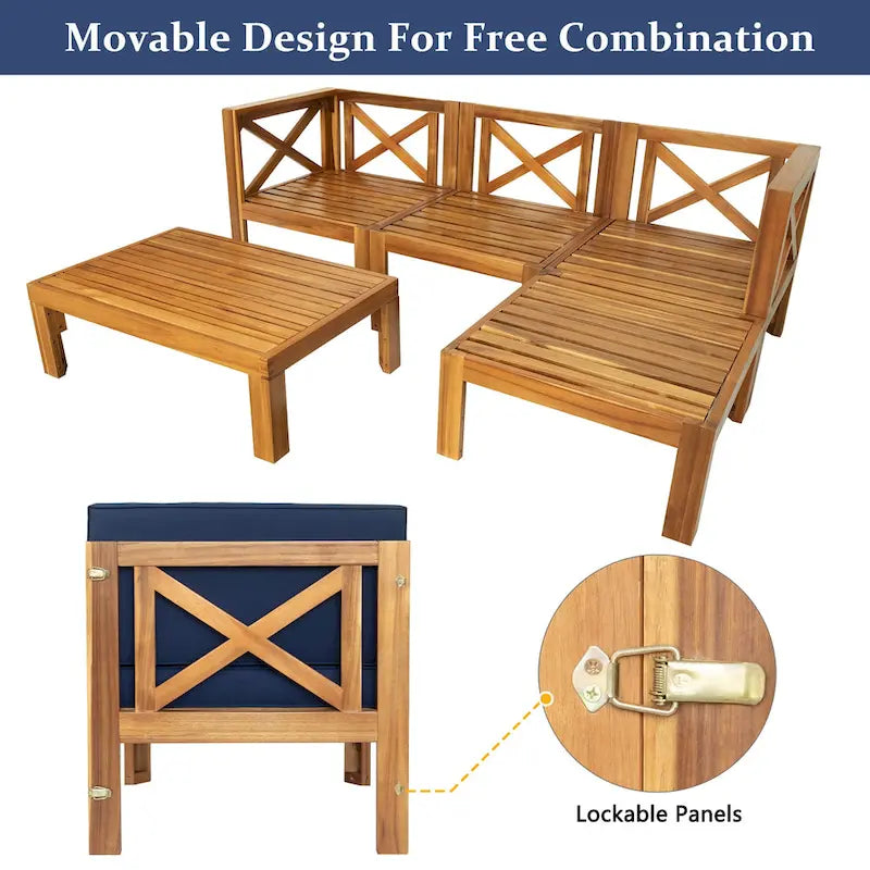 5 Piece Outdoor Patio Furniture Set, All Weather Outdoor Conversation Set, Wooden Sectional Sofa Set with Coffee Table