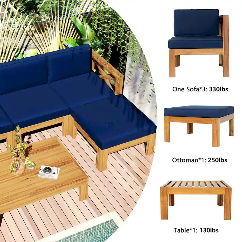 5 Piece Outdoor Patio Furniture Set, All Weather Outdoor Conversation Set, Wooden Sectional Sofa Set with Coffee Table