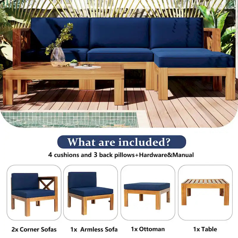 5 Piece Outdoor Patio Furniture Set, All Weather Outdoor Conversation Set, Wooden Sectional Sofa Set with Coffee Table