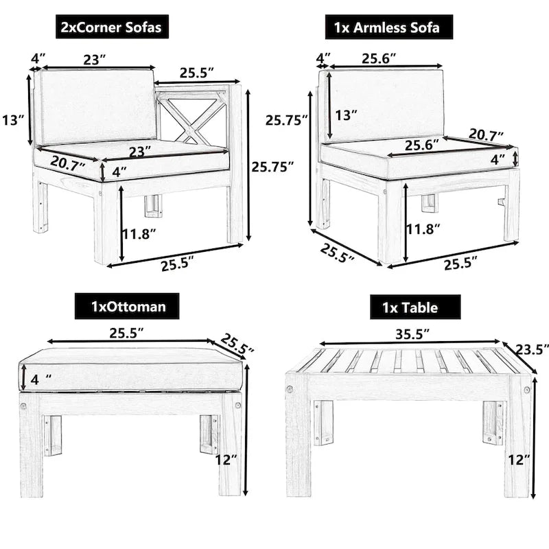 5 Piece Outdoor Patio Furniture Set, All Weather Outdoor Conversation Set, Wooden Sectional Sofa Set with Coffee Table