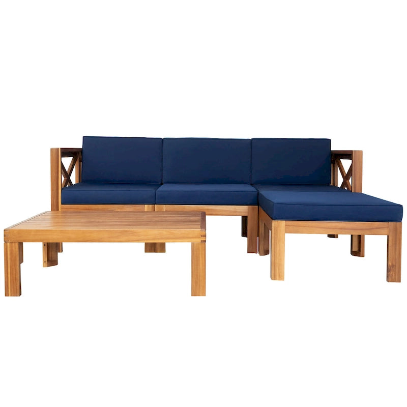 5 Piece Outdoor Patio Furniture Set, All Weather Outdoor Conversation Set, Wooden Sectional Sofa Set with Coffee Table