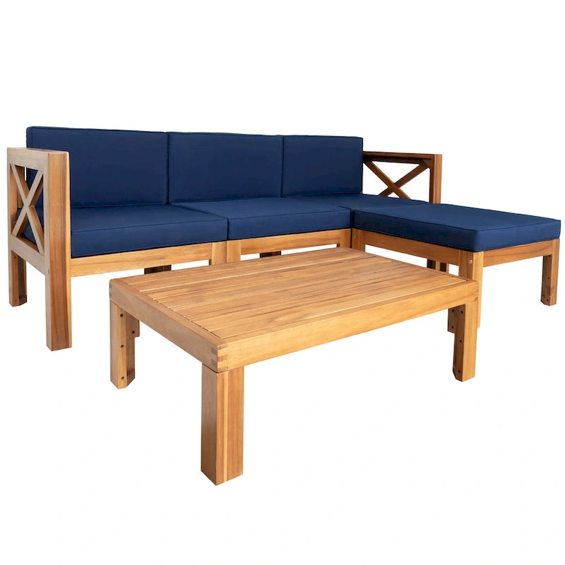 5 Piece Outdoor Patio Furniture Set, All Weather Outdoor Conversation Set, Wooden Sectional Sofa Set with Coffee Table