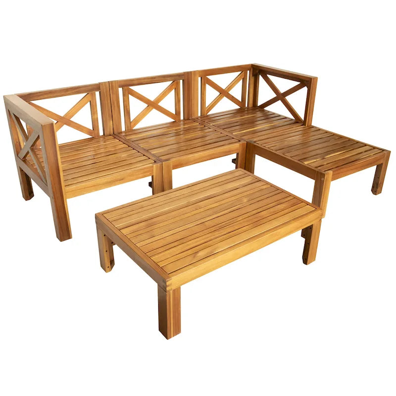 5 Piece Outdoor Patio Furniture Set, All Weather Outdoor Conversation Set, Wooden Sectional Sofa Set with Coffee Table