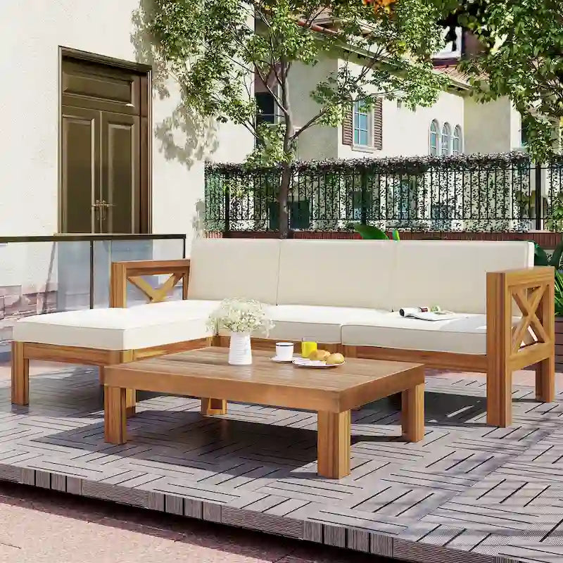 5 Piece Outdoor Patio Furniture Set, All Weather Outdoor Conversation Set, Wooden Sectional Sofa Set with Coffee Table