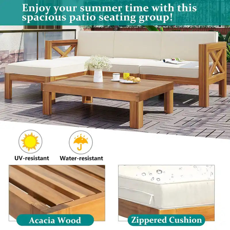 5 Piece Outdoor Patio Furniture Set, All Weather Outdoor Conversation Set, Wooden Sectional Sofa Set with Coffee Table