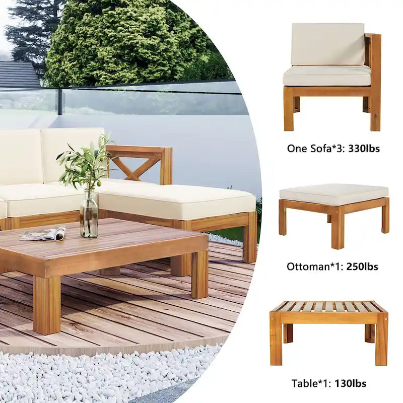5 Piece Outdoor Patio Furniture Set, All Weather Outdoor Conversation Set, Wooden Sectional Sofa Set with Coffee Table