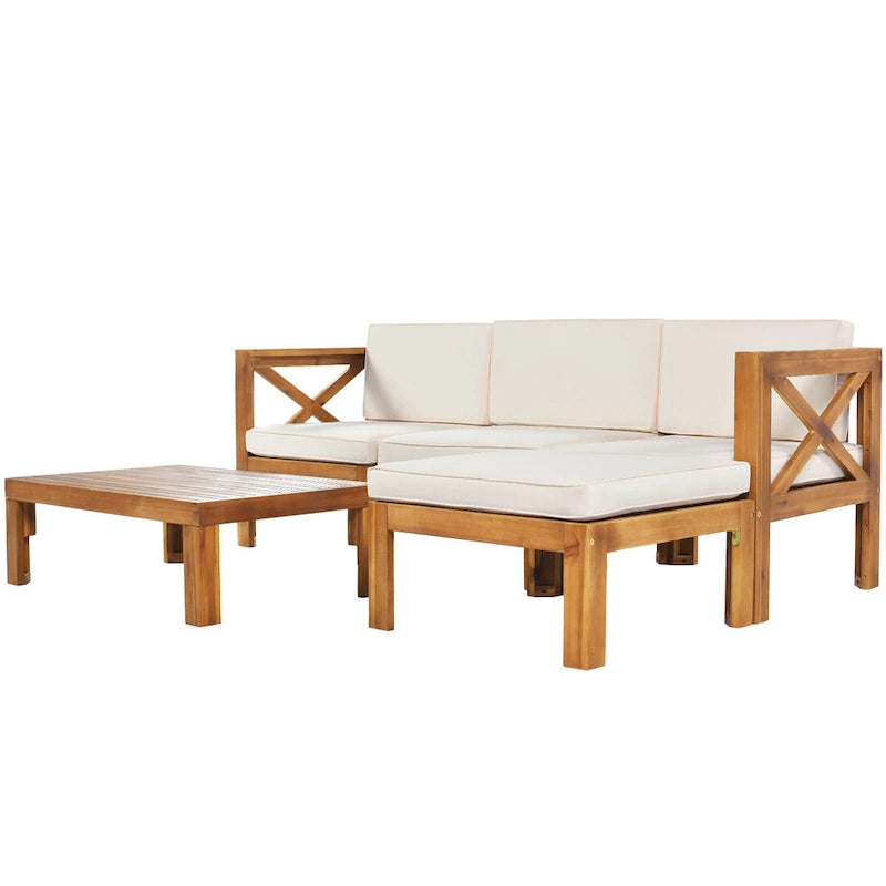 5 Piece Outdoor Patio Furniture Set, All Weather Outdoor Conversation Set, Wooden Sectional Sofa Set with Coffee Table