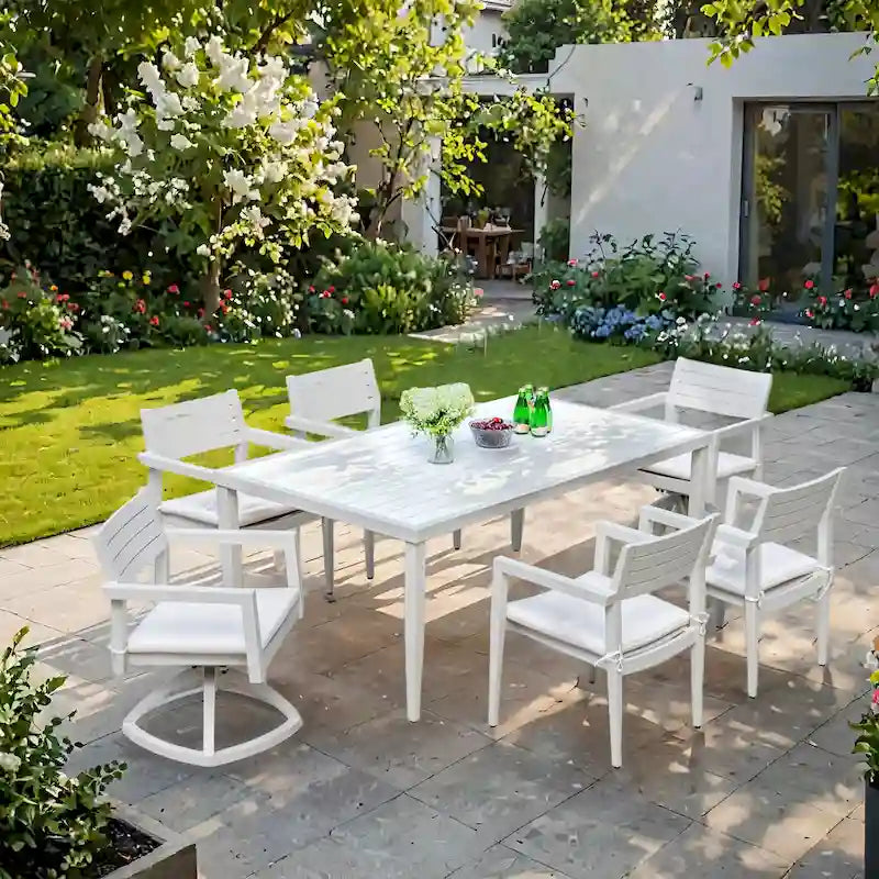 7-Piece Outdoor Patio Dining Set, Rectangular Table with Umbrella Hole, 4 Chairs and 2 Swivel Chairs with Fabric Cushioned