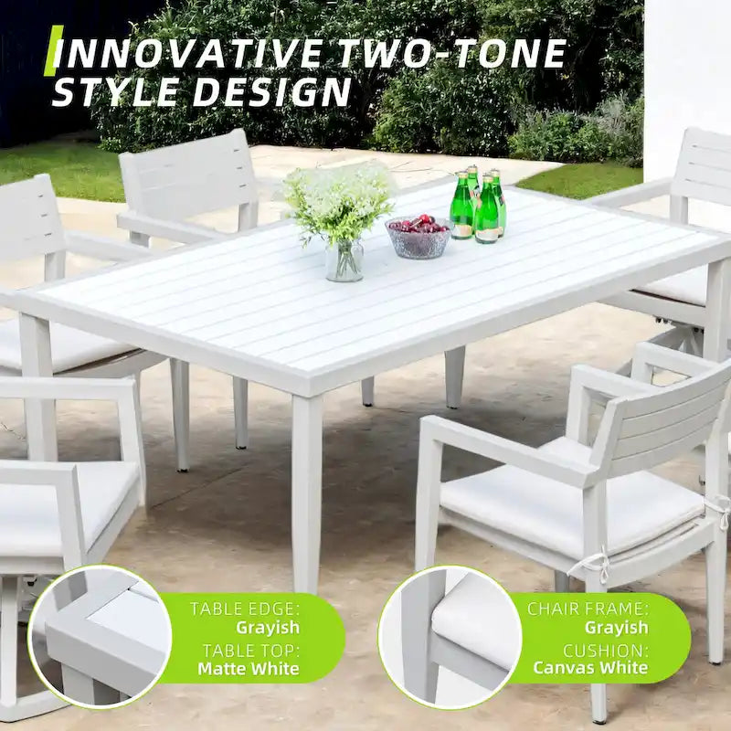 7-Piece Outdoor Patio Dining Set, Rectangular Table with Umbrella Hole, 4 Chairs and 2 Swivel Chairs with Fabric Cushioned